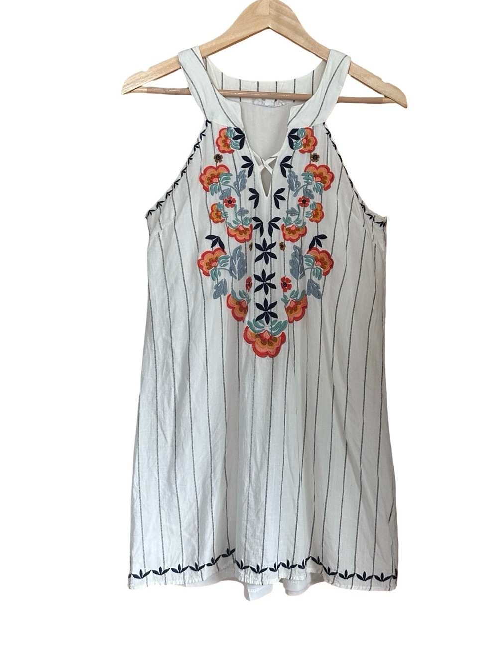 THML Embroidered Floral Striped Mini Sleeveless Tank Dress Sz S